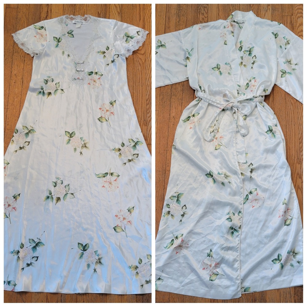 Christian Dior M Vintage Nightgown Robe‎ Set Floral Satin Lace Trim 2pc Peignoir